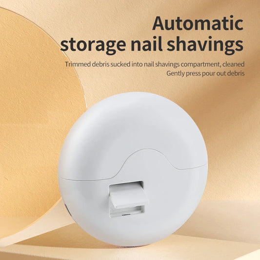 Premium 2-in-1 electric nail clipper and polisher with adjustable settings for trimming and polishing, built-in nail clippings compartment, and rechargeable battery