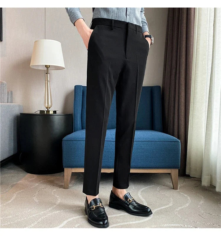 Premium men's suit trousers in a variety of colours, featuring a subtle textured drape and exceptional stretch for all-day comfort and style.