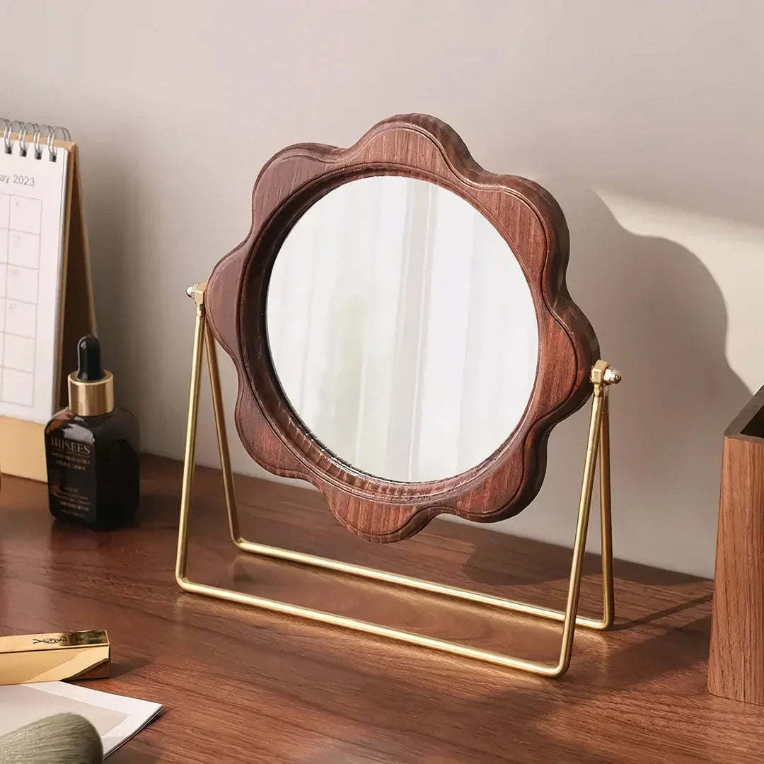 Elegant round desktop makeup mirror with wood frame in neoclassical design