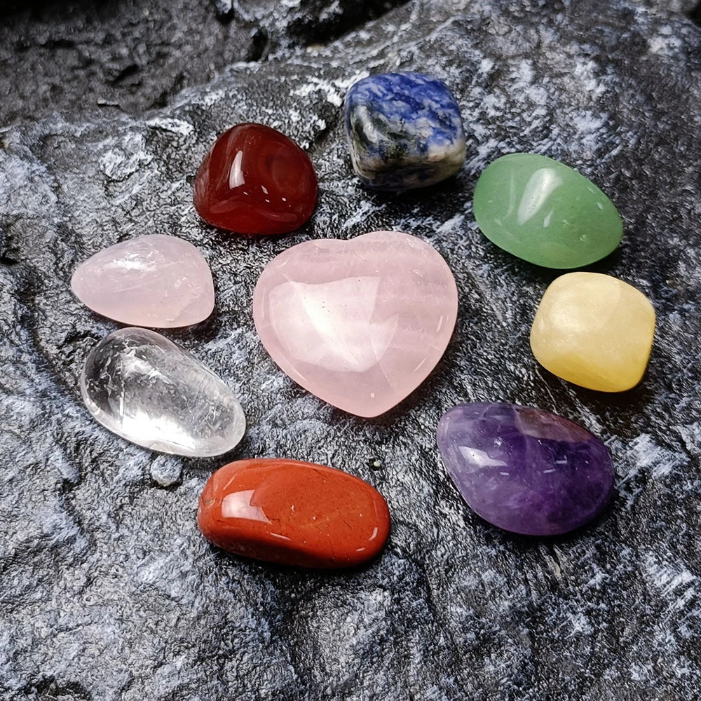 Elegant crystal jade chakra set with love hexagon pillar, natural stones for meditation and energy healing
