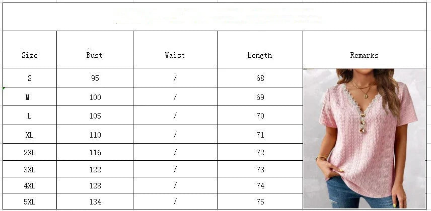 Stylish loose-fit V-neck casual T-shirt with lace detailing and button accents, available in a range of colours