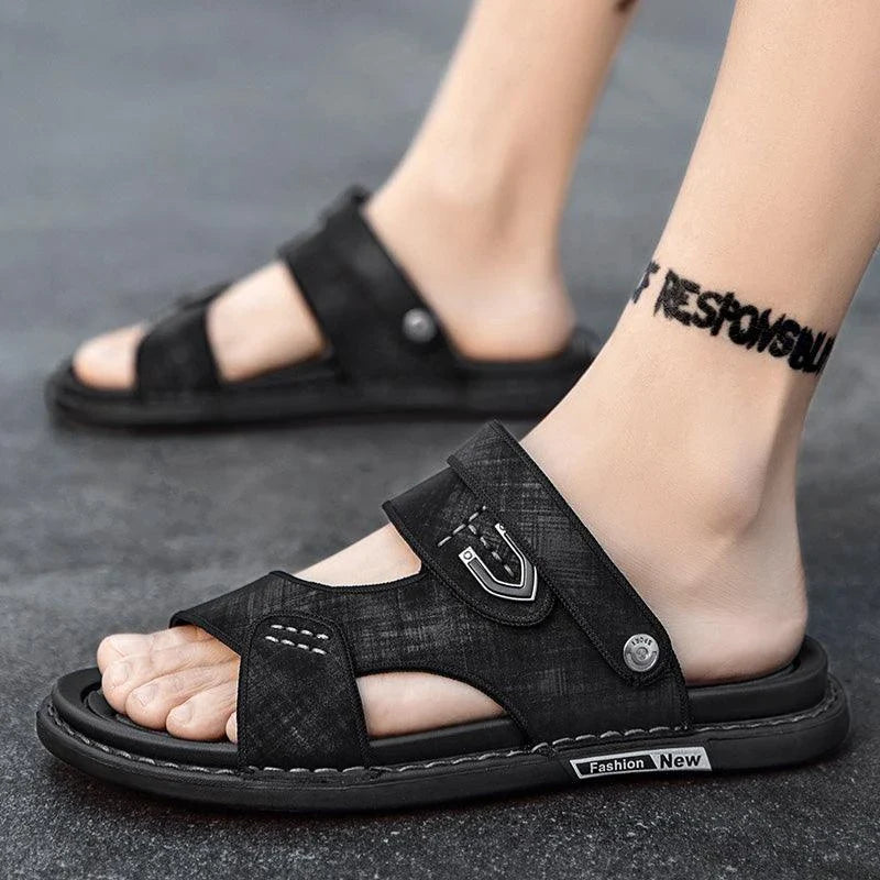 Premium British-made beach sandals with breathable PU upper, non-slip rubber sole, and adjustable buckle closure
