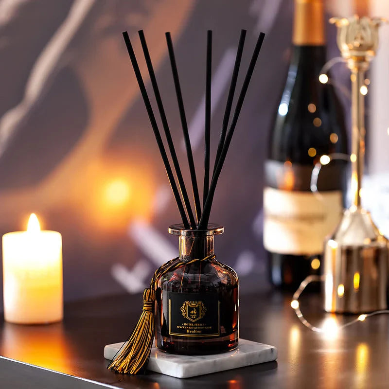 Elegant rattan aromatherapy diffuser with essential oils and fragrance, creating a calming and inviting atmosphere in a living space
