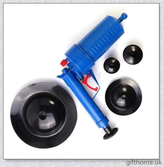 The Air Drain Blaster, a high-powered tool that uses compressed air to quickly unclog sinks, tubs, and toilets without harmful chemicals.