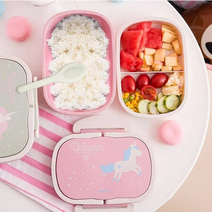 Cartoon unicorn-patterned lunch boxes with insulated lining and cutlery set, perfect for British professionals and families