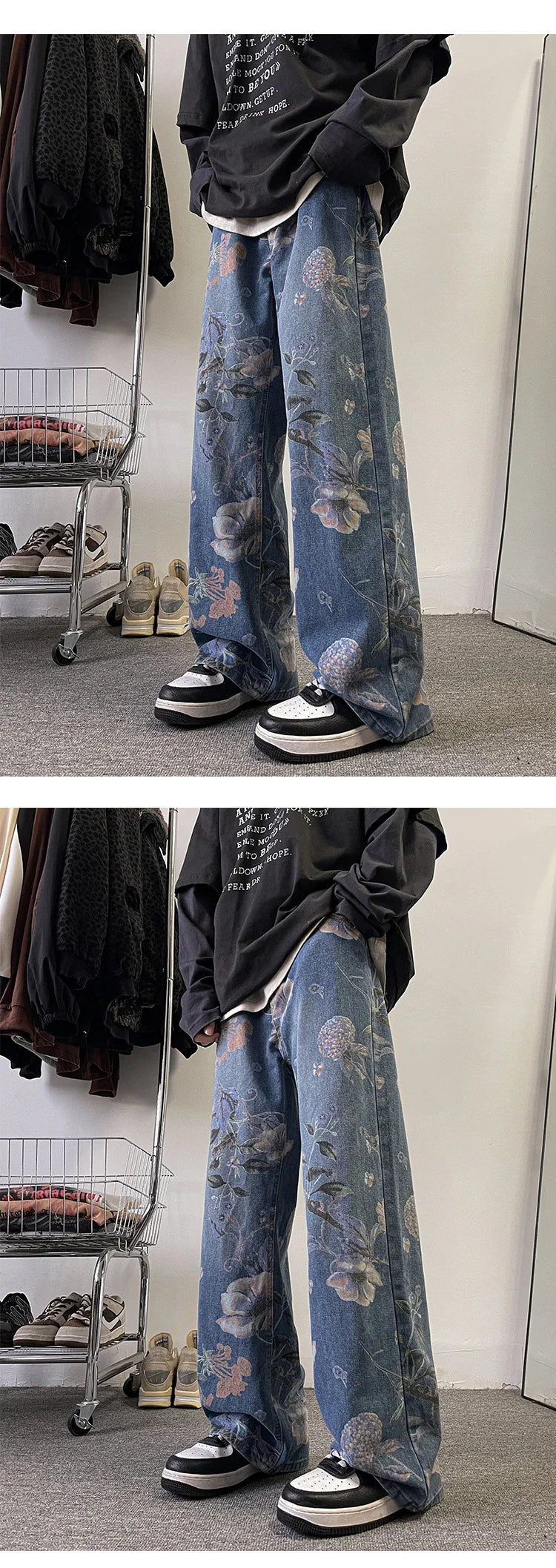 Stylish British men's loose straight-leg jeans in classic blue colour, made from durable chemical fibre blend for all-day comfort and versatility.