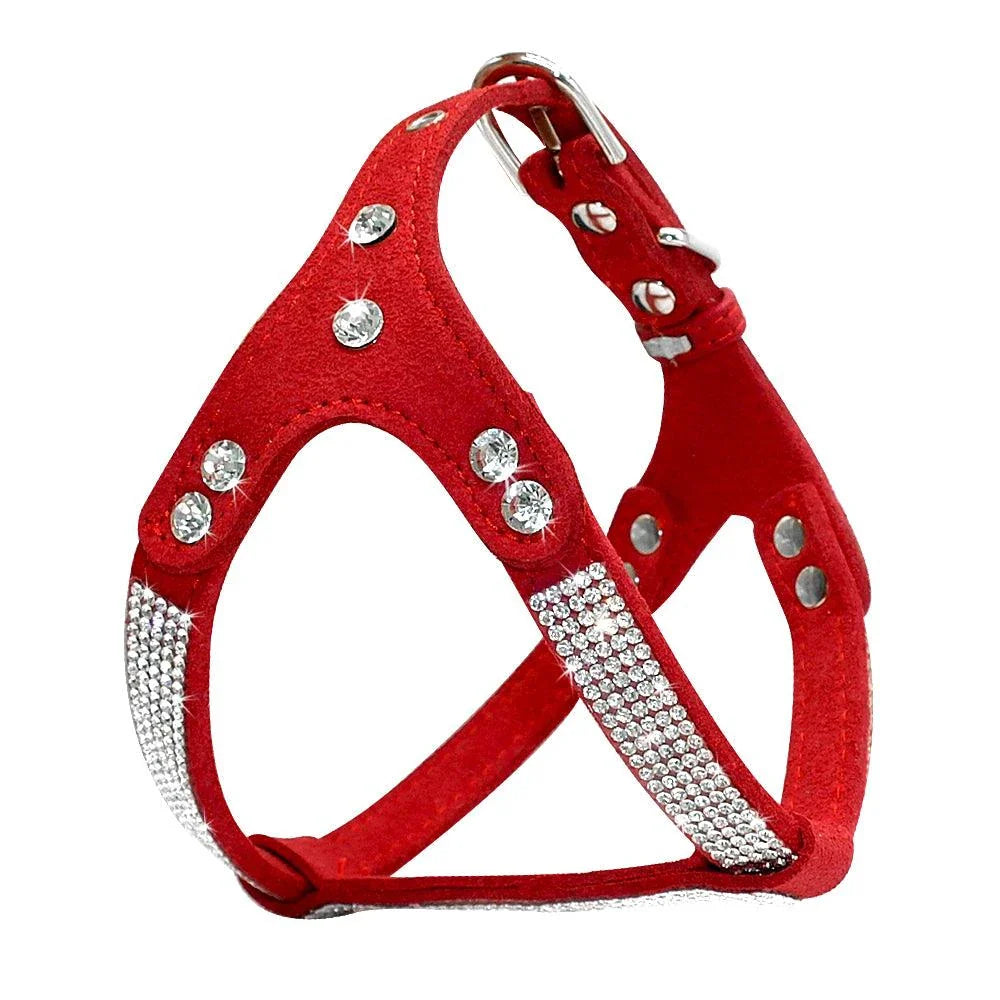 Luxurious leather dog harness with shimmering rhinestone accents, designed for style and comfort