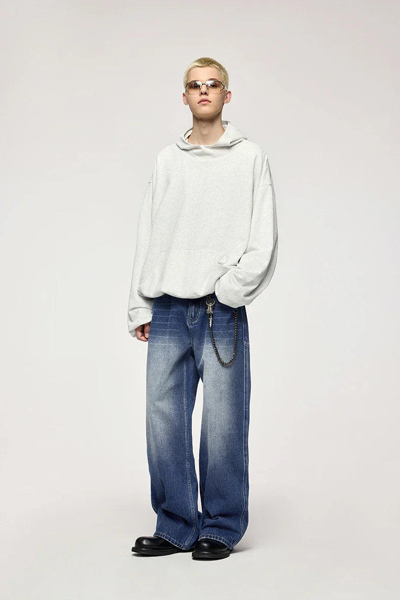 Men's Washed Blue 3D Cut Wide Leg Jeans with micro-elasticity and relaxed straight-leg fit