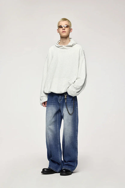 Men's Washed Blue 3D Cut Wide Leg Jeans with micro-elasticity and relaxed straight-leg fit