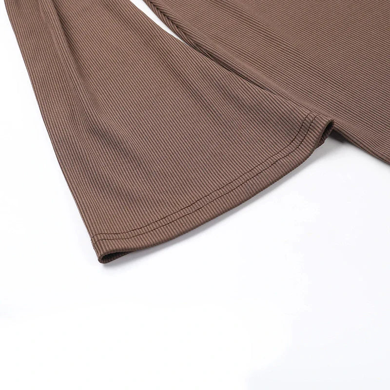 Trendha Slim-Fit Pleated Off-Shoulder Dress in Brown with Long Sleeves