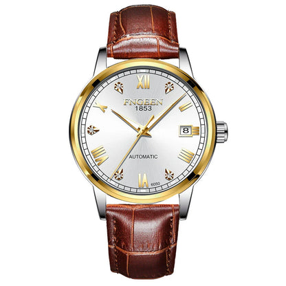 Premium automatic mechanical watch with leather strap, featuring a stainless steel case, luminous hands and markers, and a stylish British-inspired design