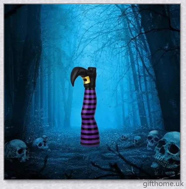Animated witch legs in various colours, including purple, yellow, and black and white, kicking and moving to create a spooky Halloween display