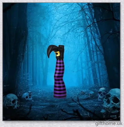 Animated witch legs in various colours, including purple, yellow, and black and white, kicking and moving to create a spooky Halloween display