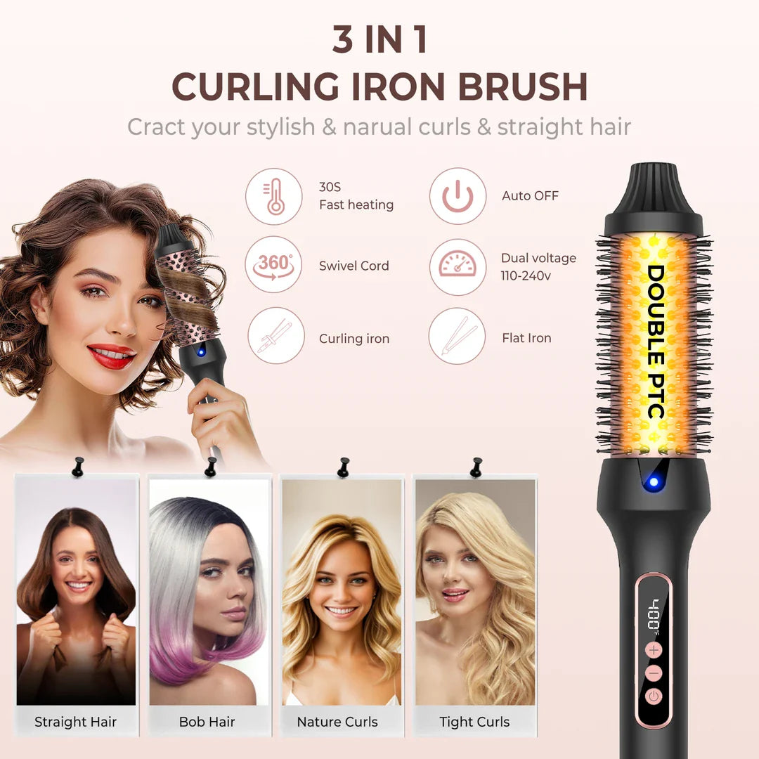 Trendha Luxurious Heated Curling & Styling Brush for creating voluminous curls, sleek straight hair, and perfect blowouts