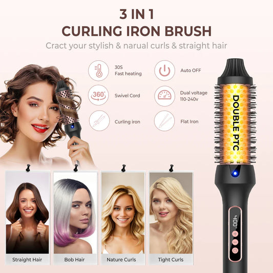 Trendha Luxurious Heated Curling & Styling Brush for creating voluminous curls, sleek straight hair, and perfect blowouts