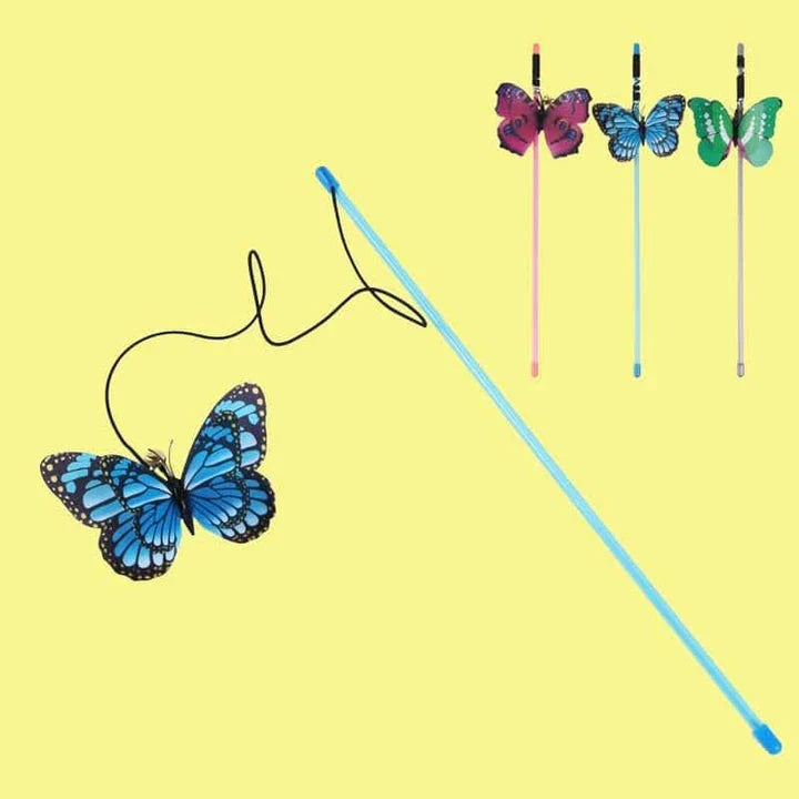 Butterfly-shaped cat toy with vibrant red colour and long rope for engaging feline playtime