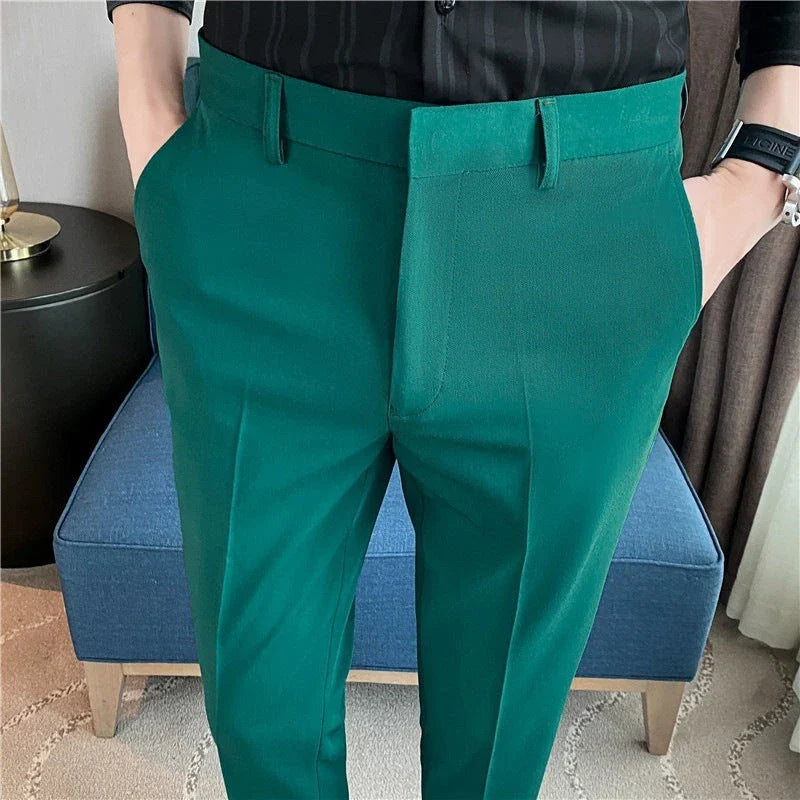 Premium men's suit trousers in a variety of colours, featuring a subtle textured drape and exceptional stretch for all-day comfort and style.