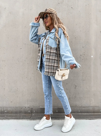 Classic denim plaid jacket with relaxed fit, made from high-quality polyester for British women.