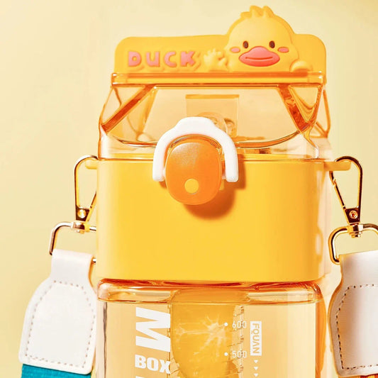 Charming cartoon-themed reusable plastic cup with straw and tea infuser, perfect for daily hydration and on-the-go use