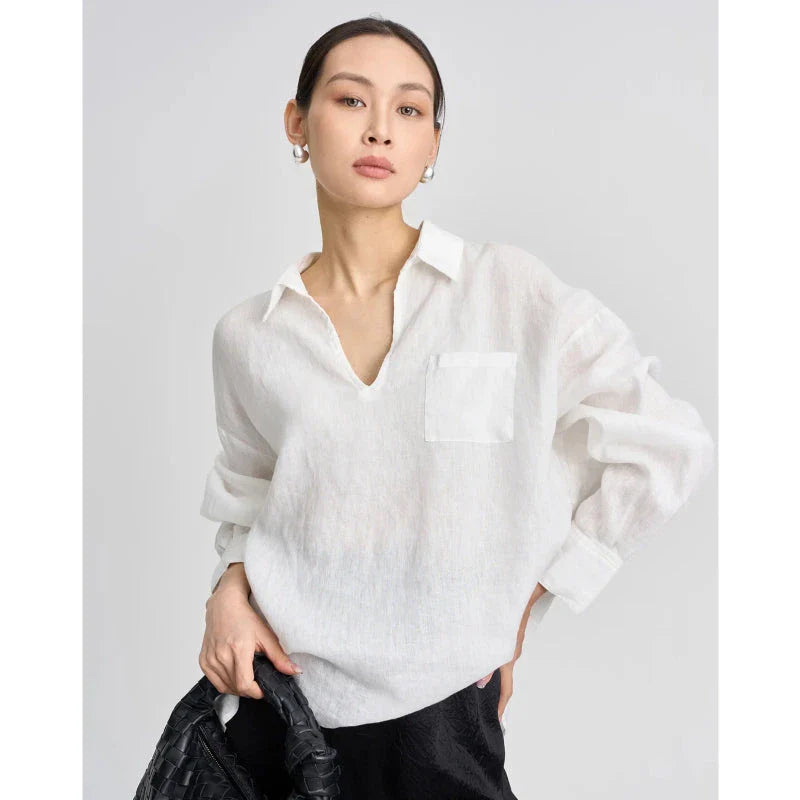Premium linen v-neck long sleeve shirt for women in khaki colour, featuring breathable fabric and wrinkle-resistant design.