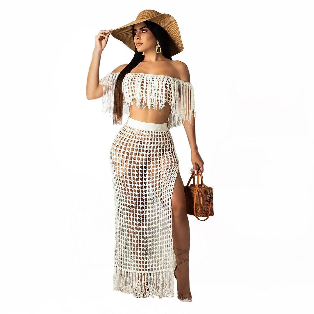 Elegant handcrafted off-shoulder beach skirt set with tassel accents in black, white, and rose red colours
