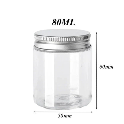 Premium 10-piece set of clear plastic storage jars with aluminium lids for organising cosmetics, food, and household items