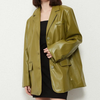 A premium vintage green single-breasted leather blazer coat, featuring a turn-down collar, regular sleeves, and a comfortable, durable polyester construction.