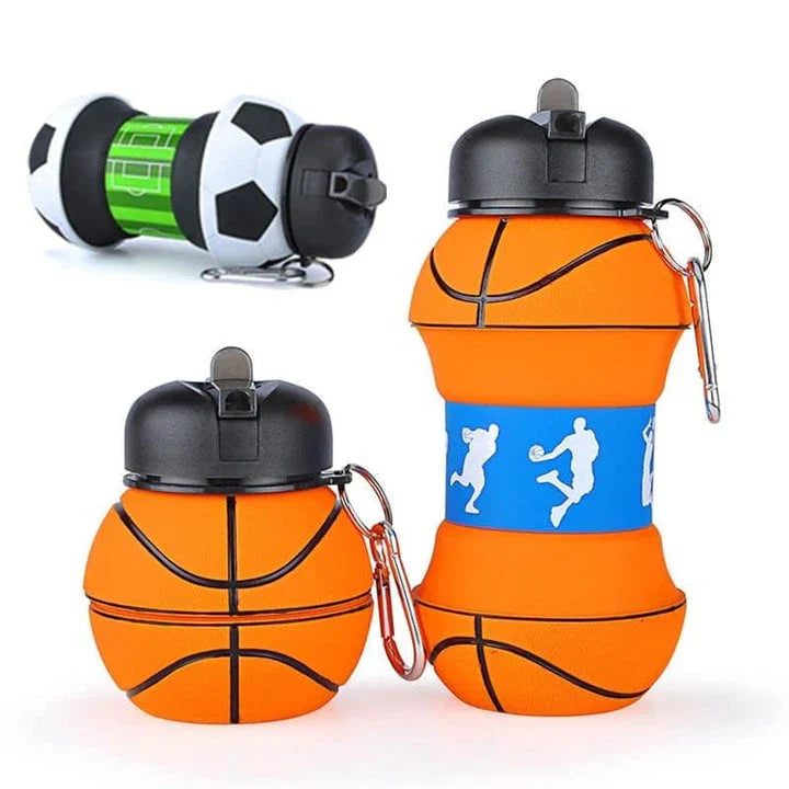 A premium foldable water bottle made of silica gel, suitable for various sports like football, basketball, and tennis