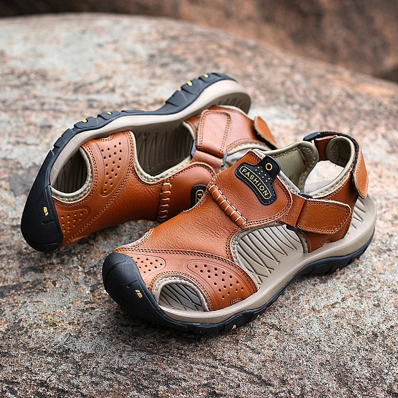 Premium split leather casual sandals with flexible rubber sole and MD cushioning for all-day comfort and style