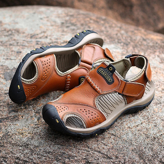 Premium split leather casual sandals with flexible rubber sole and MD cushioning for all-day comfort and style
