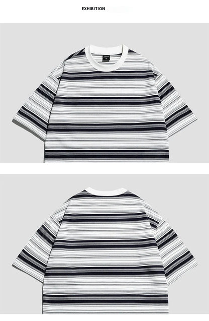 Retro contrast color striped teen t-shirt in navy blue, perfect for casual summer looks