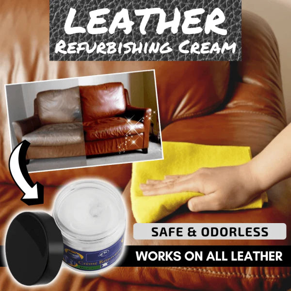 Premium leather restoration cream kit with sandpaper and spatula for reviving worn, damaged leather surfaces.