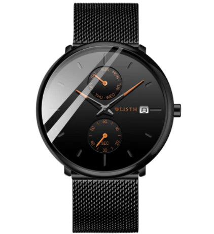 A classic, multifunctional watch with a sleek, 8mm profile, luminous display, and week indicator, perfect for the modern British gentleman.