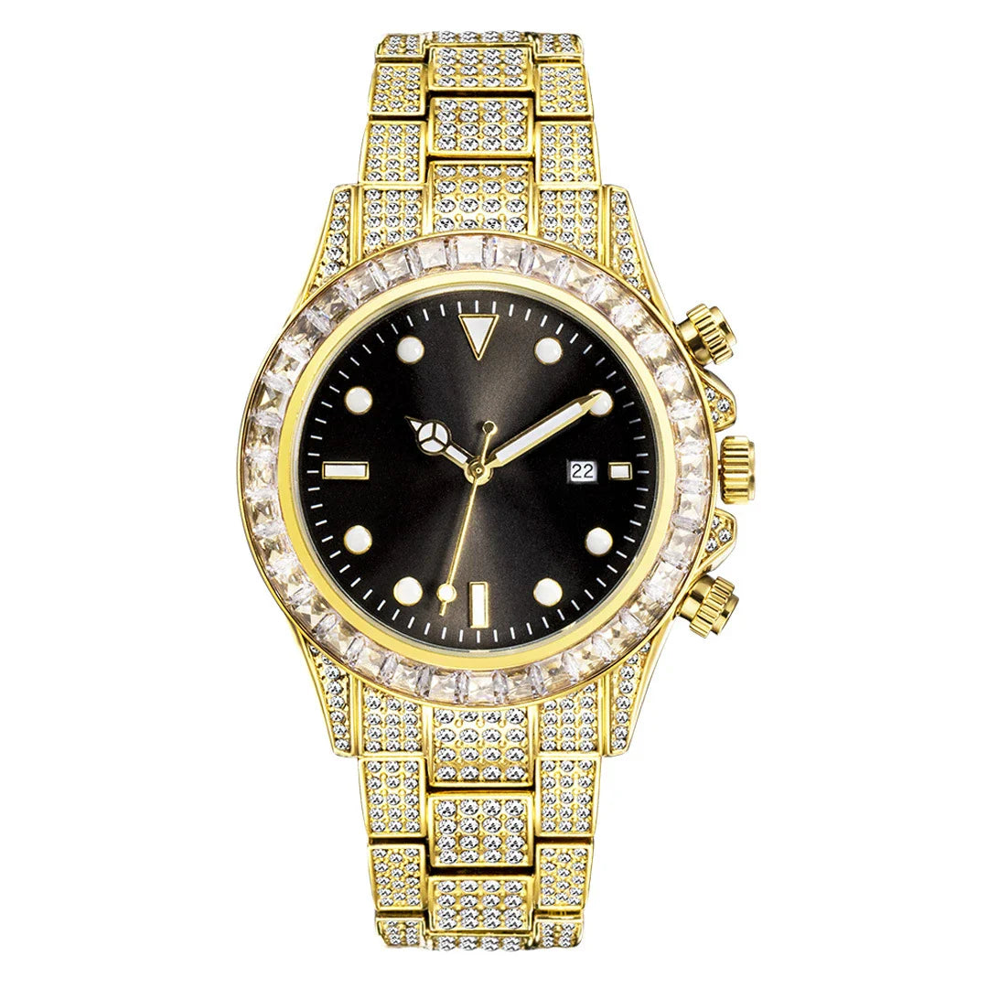 Premium diamond-encrusted green quartz watch with luminous display and sun pattern design