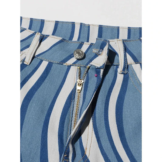Women's high-waist striped denim trousers in a stylish blue colour, featuring a unique pattern and functional design for everyday wear.
