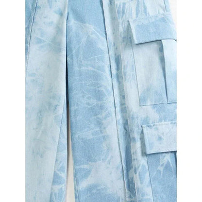 High-waisted tie-dye denim trousers with a straight-leg silhouette and practical pockets