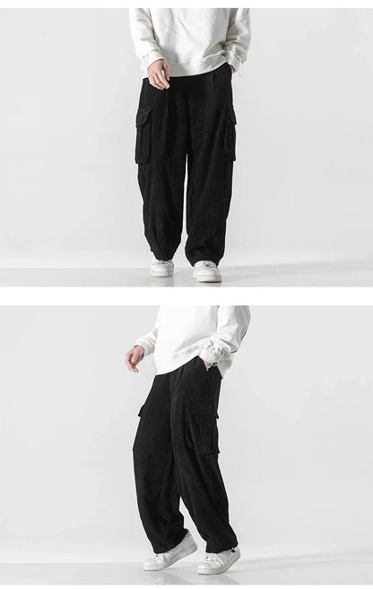Stylish men's corduroy casual trousers with a relaxed wide-leg silhouette and a variety of classic colour options