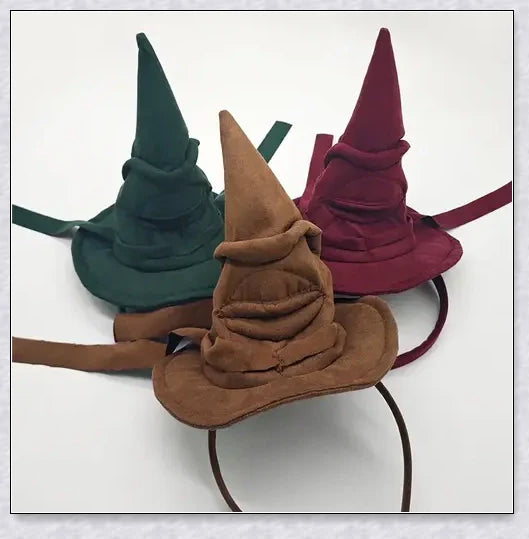 Sortband Halloween Witch Hat Headband in red, green, and brown colours with a detachable witch hat design