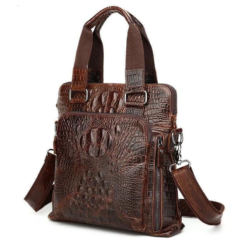 Premium brown leather commuting briefcase with vintage-inspired shoulder strap and textured leather button detailing