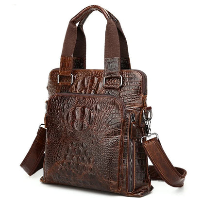 Premium brown leather commuting briefcase with vintage-inspired shoulder strap and textured leather button detailing