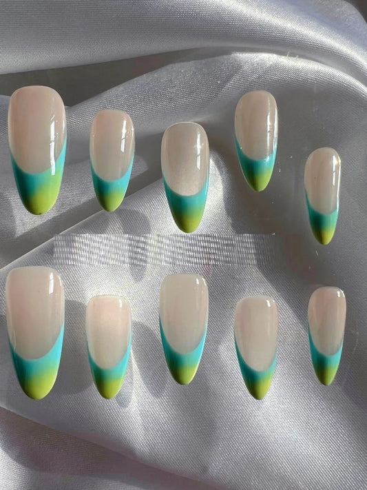 Premium handcrafted almond French manicure wear in blue ocean colour, showcasing a sophisticated and customisable design
