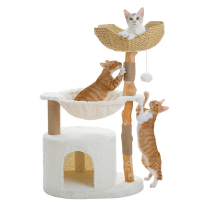 Luxurious modern cat tree with woven basket, hammock, and solid wood scratching post for large indoor cats