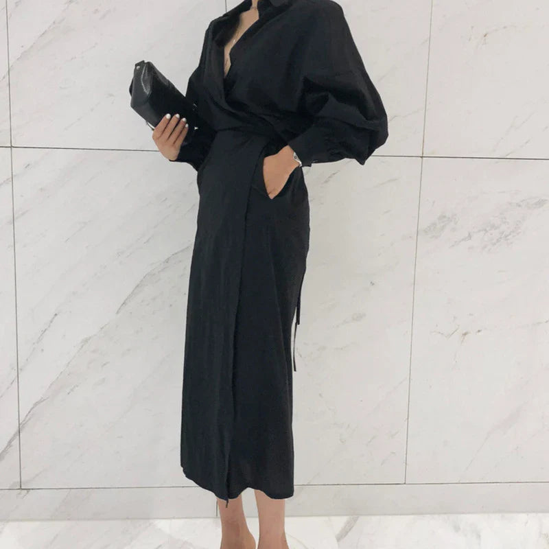 Pure Color Temperament Shirt Dress with high waist and lantern sleeves, perfect for elegant office commuting