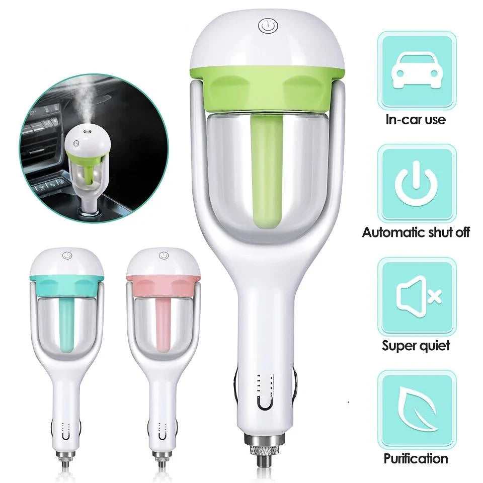 Compact mini car steam humidifier and aroma diffuser with pink colour, designed to improve air quality and promote relaxation in your vehicle