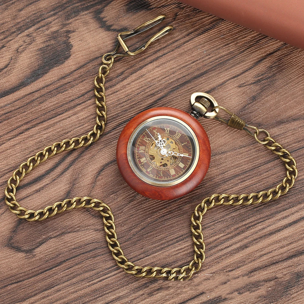 Elegant mahogany texture dial automatic mechanical wooden pocket watch with golden Roman numerals and alloy construction