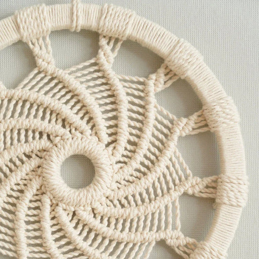 Nordic-style hand-woven wall tapestry with delicate leaf pattern, unique circular design, and premium materials