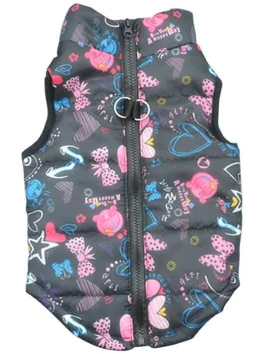 A cosy and stylish winter jacket for pets, featuring vibrant printed patterns and a snug, comfortable fit.