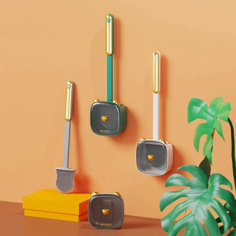 Stylish cat-themed wall-mounted toilet brush set in various colours, including green, orange, white, and grey
