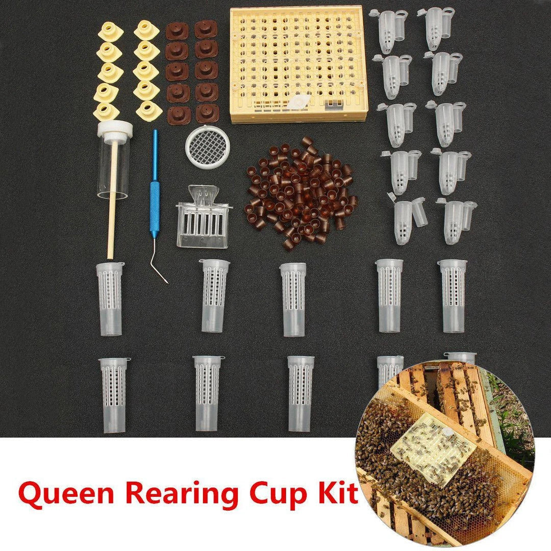 A comprehensive 155-piece queen rearing kit with transparent, brown, and beige components for cultivating and catching top-quality queen bees