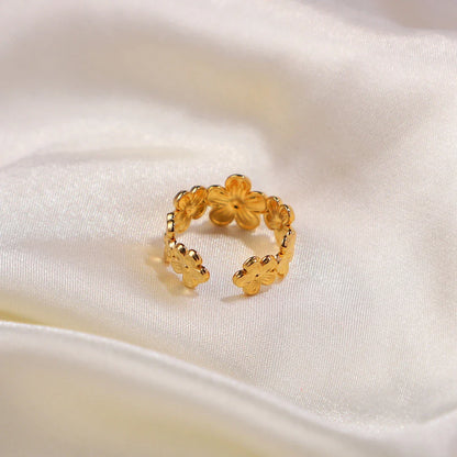 Elegant 18K gold-plated stainless steel adjustable flower ring with a classic floral design